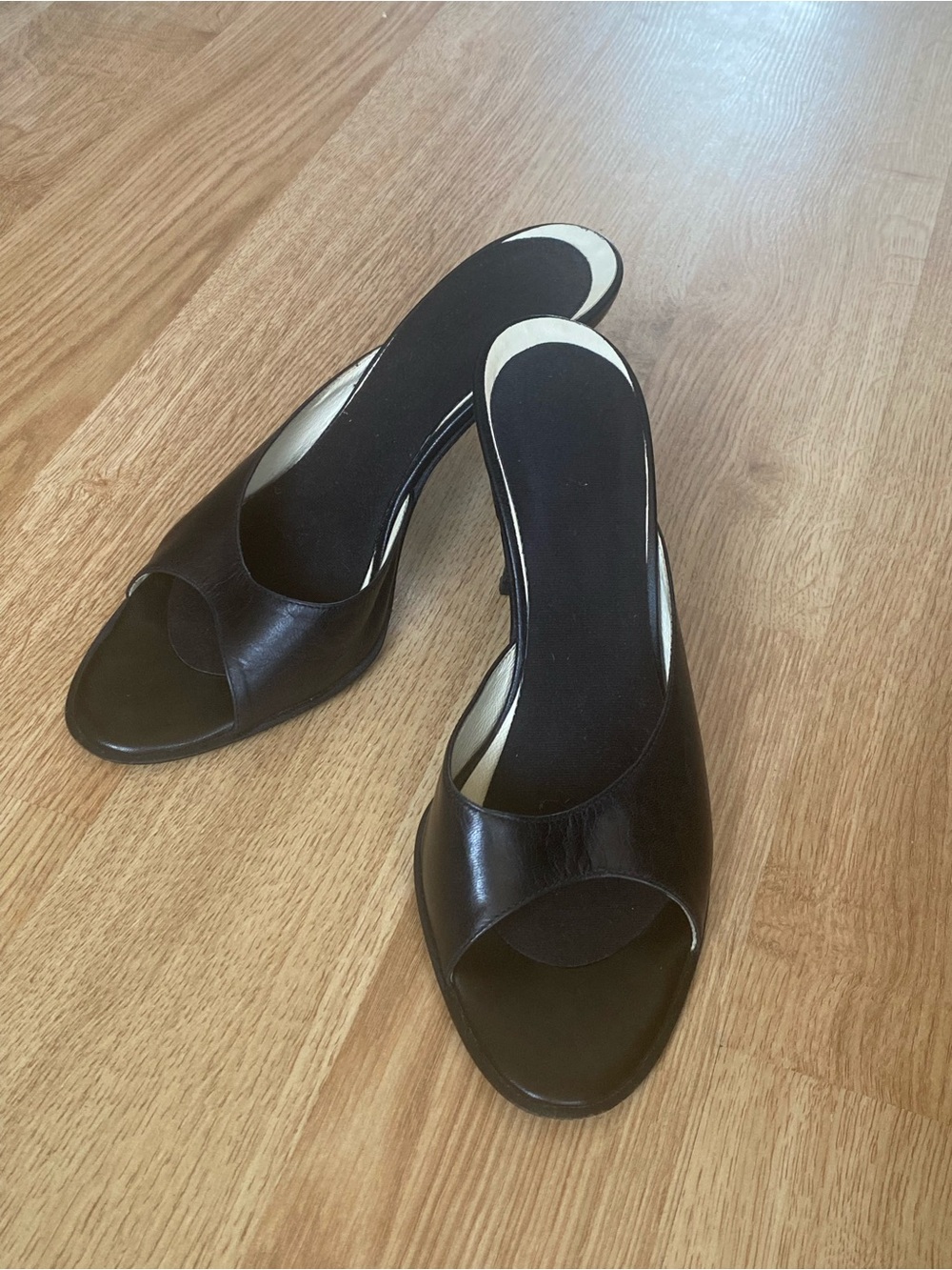 Black Leather Open-Toe Mule Heels - Made in Italy